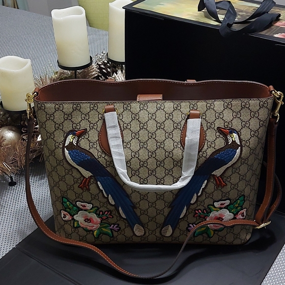 Gucci GG Supreme Peacock Brown Tote Leather Floral Bag Bird Handbag - Picture 4 of 12